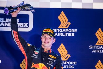 Max Verstappen, Red Bull Racing, 3rd position, lifts his tropy