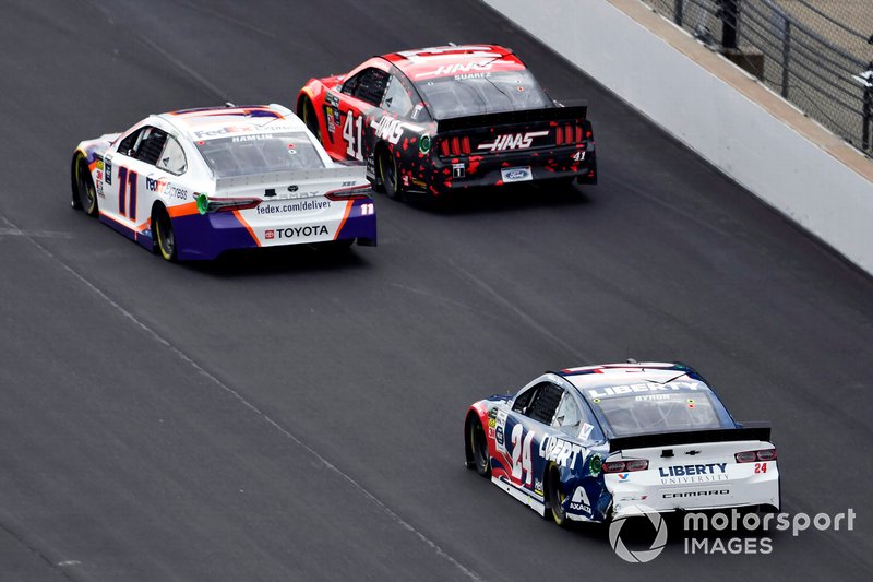 Denny Hamlin, Joe Gibbs Racing, Toyota Camry FedEx Express, Daniel Suarez, Stewart-Haas Racing, Ford Mustang Haas Automation and William Byron, Hendrick Motorsports, Chevrolet Camaro Liberty University