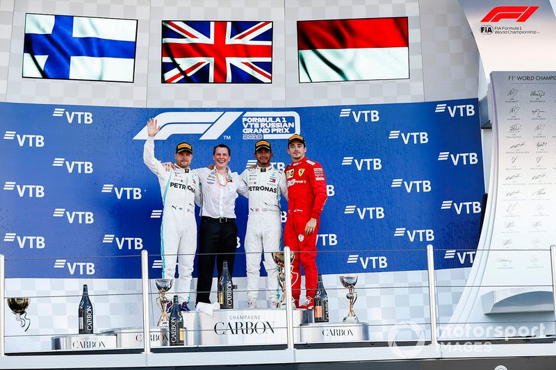 Valtteri Bottas, Mercedes AMG F1, 2nd position, Fred Judd, Chief Engineer Trackside, Mercedes AMG F1, Lewis Hamilton, Mercedes AMG F1, 1st position, and Charles Leclerc, Ferrari, 3rd position, on the podium
