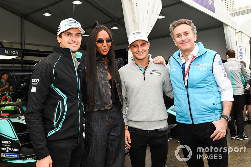 Model Naomi Campbell meets Alejandro Agag, CEO, Formula E, Mitch Evans, Panasonic Jaguar Racing, Jaguar I-Type 3, Nelson Piquet Jr., Panasonic Jaguar Racing, Jaguar I-Type 3 