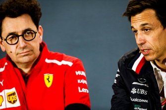 Mattia Binotto, Team Principal Ferrari, and Toto Wolff, Executive Director (Business), Mercedes AMG, in the team principals Press Conference