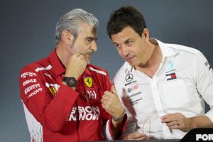 Maurizio Arrivabene, Team Principal, Ferrari, and Toto Wolff, Executive Director (Business), Mercedes AMG, in the team principals Press Conference