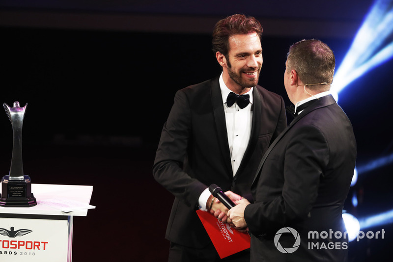 FIA Formula E Chamion Jean Eric Vergne on stage to present the Rookie of the Year award