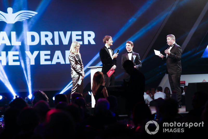 Williams F1 Driver George Russell, and McLaren F1 driver Lando Norris on stage to present the National Racing Driver Award