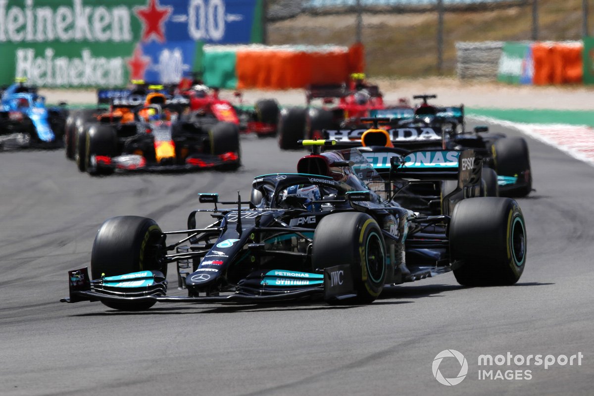 Valtteri Bottas, Mercedes W12, Lewis Hamilton, Mercedes W12, and Max Verstappen, Red Bull Racing RB16B