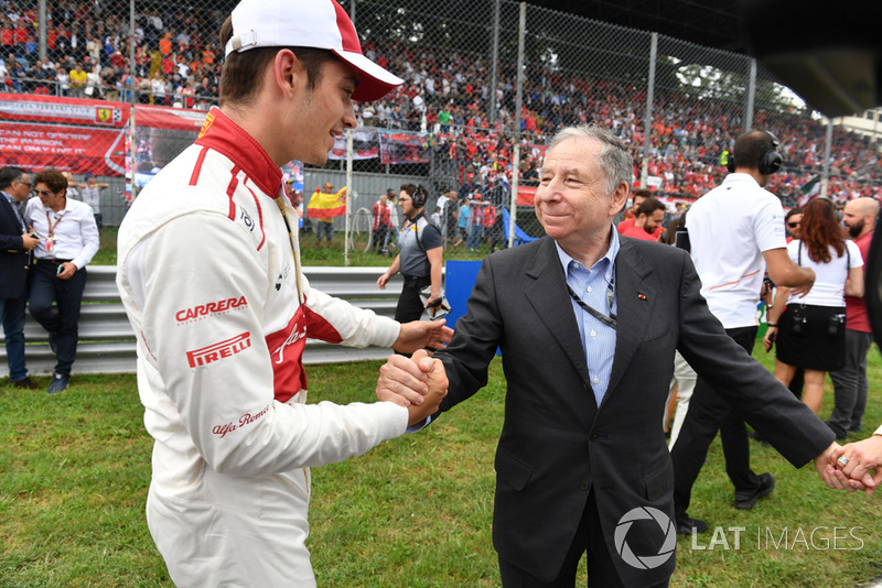 Charles Leclerc, Alfa Romeo Sauber F1 Team on the grid with Jean Todt, FIA President