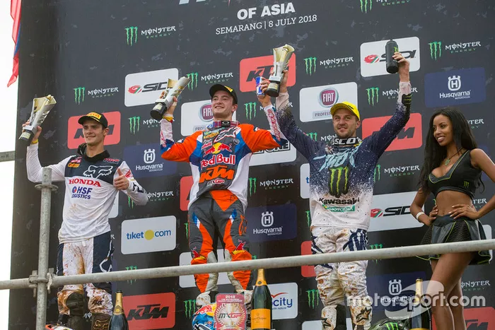 Podium Race 2: Tim Gajser Team HRC, Jeffrey Herlings KTM Factory Racing and Clement Desalle, Kawasaki