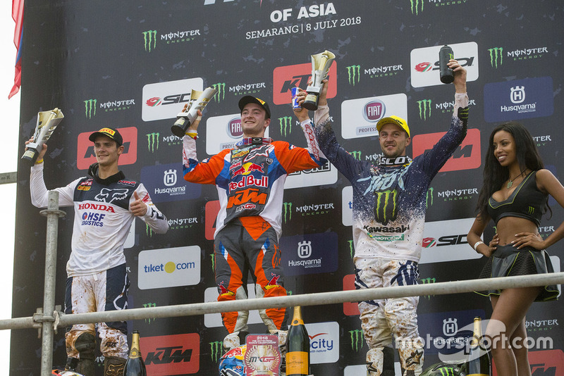 Podium Race 2: Tim Gajser Team HRC, Jeffrey Herlings KTM Factory Racing and Clement Desalle, Kawasaki