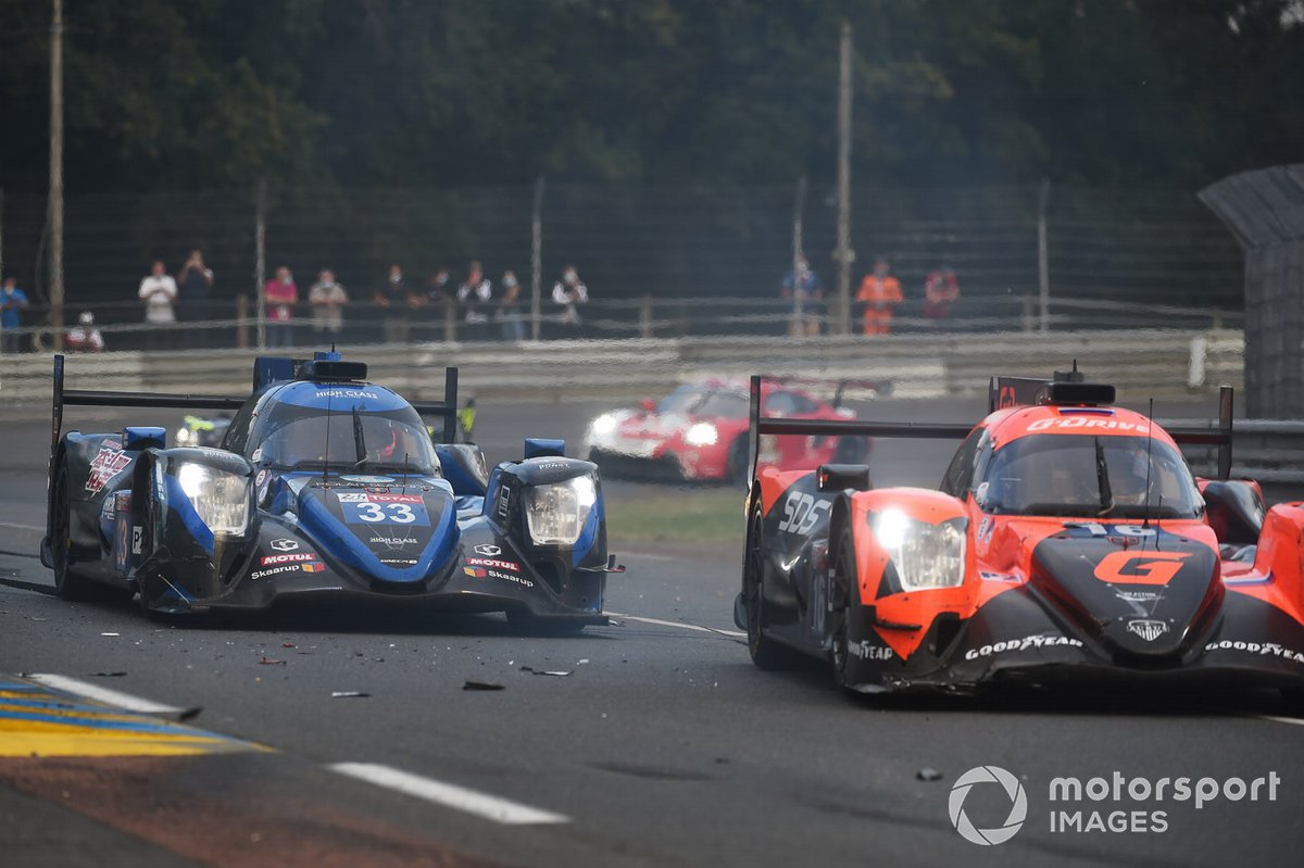 #16 G-Drive Racing By Algarve Pro Racing Oreca 07 - Gibson: Ryan Cullen, Oliver Jarvis, Nick Tandy spins in front of #33 High Class Racing Oreca 07 - Gibson: Mark Patterson, Kenta Yamashita, Anders Fjordbach