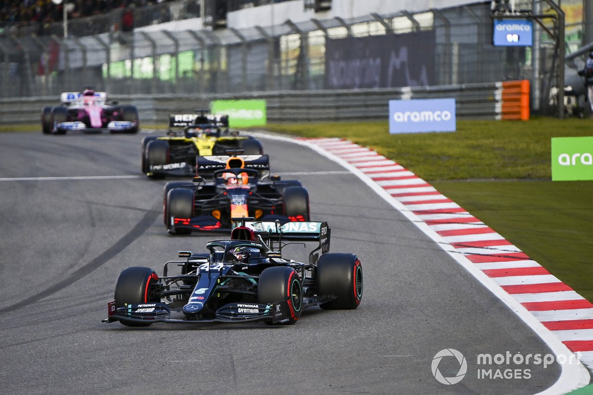 Lewis Hamilton, Mercedes F1 W11 Max Verstappen, Red Bull Racing RB16 e Daniel Ricciardo, Renault F1 Team R.S.20