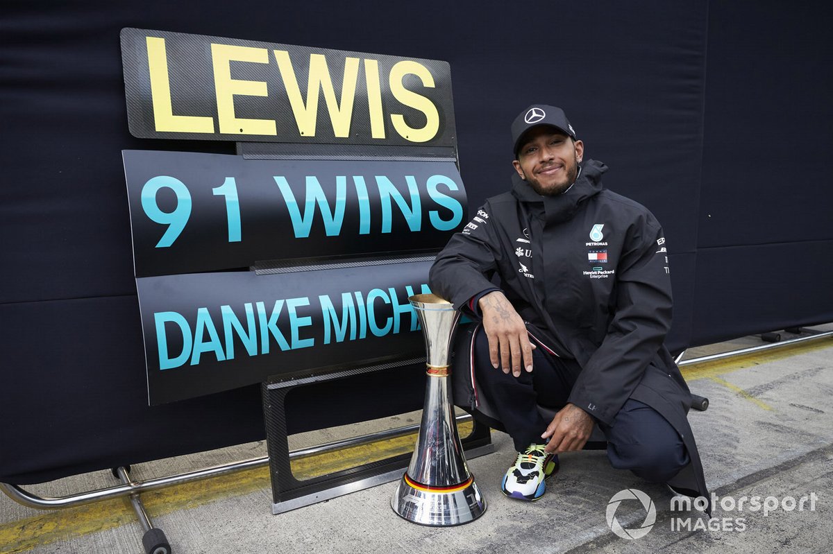 Lewis Hamilton, Mercedes-AMG F1, 1st position, celebrates after securing his 91st F1 race win, equalling the record of Michael Schumacher