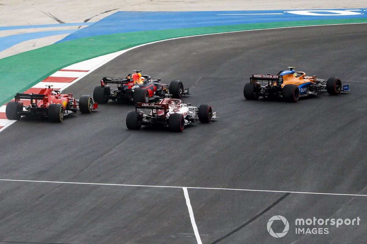 Lando Norris, McLaren MCL35, Max Verstappen, Red Bull Racing RB16, Kimi Raikkonen, Alfa Romeo Racing C39, Charles Leclerc, Ferrari SF1000