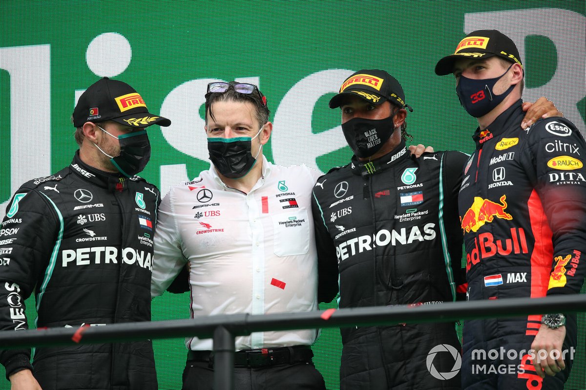 Valtteri Bottas, Mercedes-AMG F1, 2nd position, Peter Bonnington, Race Engineer, Mercedes AMG, Lewis Hamilton, Mercedes-AMG F1, 1st position, and Max Verstappen, Red Bull Racing, 3rd position, on the podium