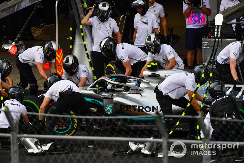 Valtteri Bottas, Mercedes AMG W10, in the pit lane