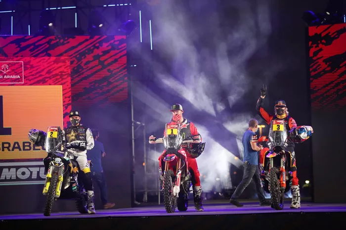 #2 Rockstar Energy Husqvarna Factory Racing: Pablo Quintanilla, #1 Monster Energy Honda Team: Ricky Brabec, #3 Red Bull KTM Factory Racing: Toby Price