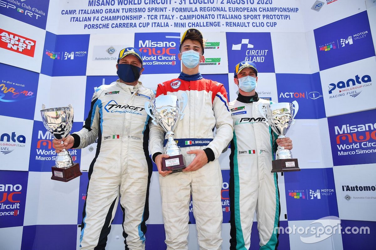 Il podio: secondo posto, Simone Pellegrini, Scuderia del Girasole, primo posto Eric Brigliadori, BF Motorsport, terzo posto Felice Jelmini, PMA Motorsport,