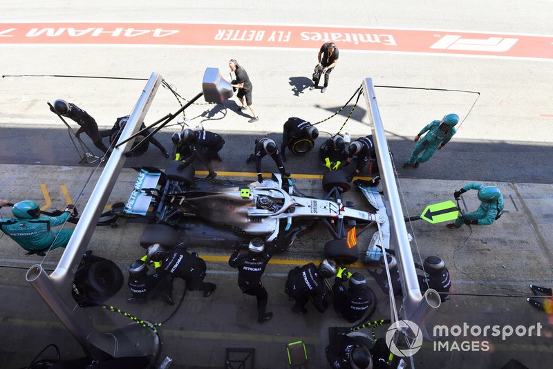 Valtteri Bottas, Mercedes AMG W10, makes a pit stop