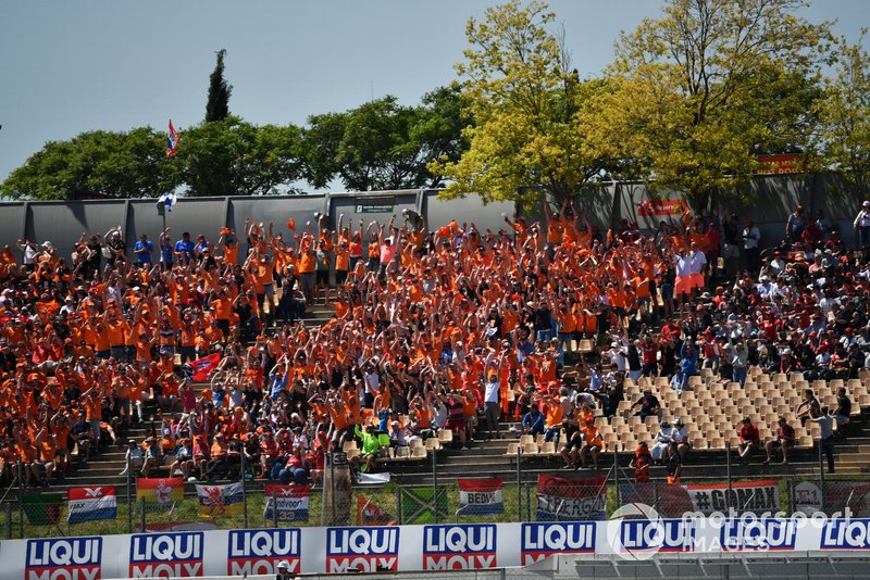 Fans of Max Verstappen, Red Bull Racing, fill a grandstand