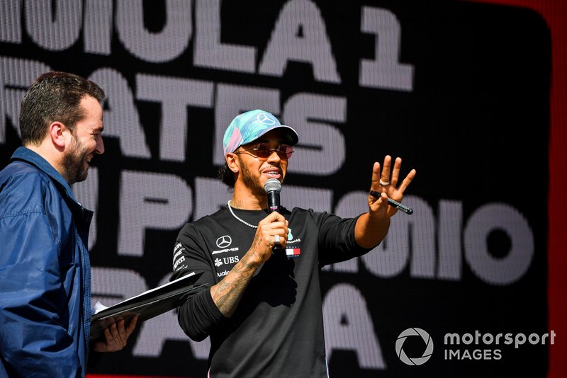 Lewis Hamilton, Mercedes AMG F1 on stage at the Fan Zone