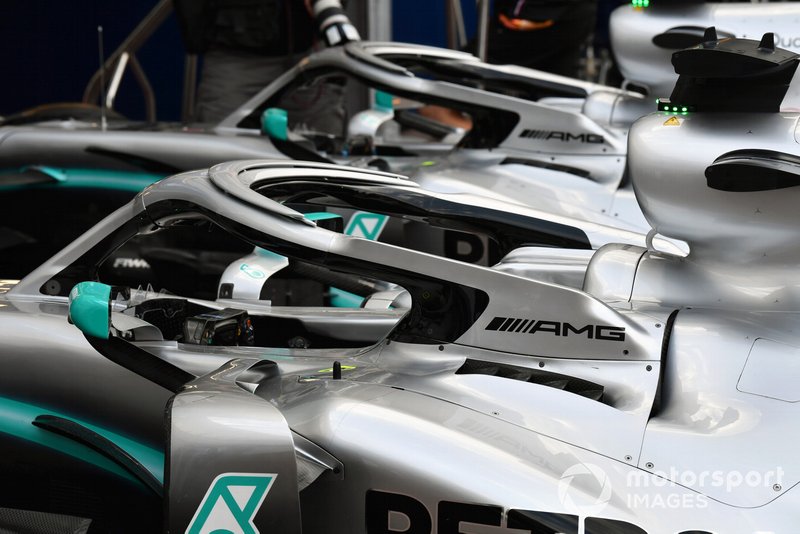 Cars of Lewis Hamilton, Mercedes AMG F1 W10 and Valtteri Bottas, Mercedes AMG W10