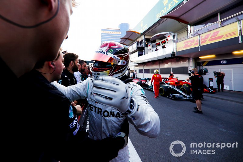 Lewis Hamilton, Mercedes AMG F1, 2nd position, celebrates in Parc Ferme with his team