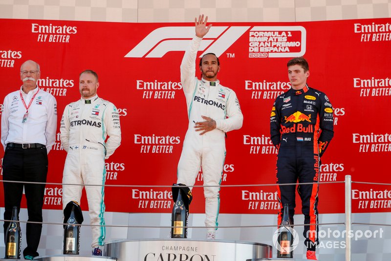 Dr Dieter Zetsche, CEO, Mercedes Benz, Valtteri Bottas, Mercedes AMG F1, Race Winner Lewis Hamilton, Mercedes AMG F1 and Max Verstappen, Red Bull Racing celebrate on the podium