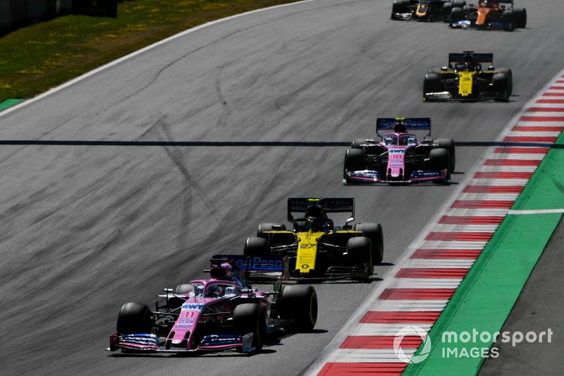 Sergio Perez, Racing Point RP19, devant Nico Hulkenberg, Renault F1 Team R.S. 19, Lance Stroll, Racing Point RP19, et Nico Hulkenberg, Renault F1 Team R.S. 19