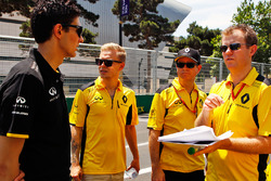 Esteban Ocon, Renault Sport F1 Team Test Driver and Kevin Magnussen, Renault Sport F1 Team walk the