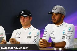 Lewis Hamilton, Mercedes AMG F1 (Right) with team mate Nico Rosberg, Mercedes AMG F1 in the FIA Press Conference