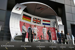 The podium (L to R): Nico Rosberg, Mercedes AMG F1, second; Lewis Hamilton, Mercedes AMG F1, race winner; Max Verstappen, Red Bull Racing, third