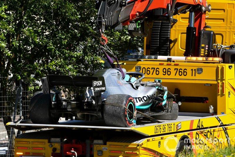 The damaged car of Valtteri Bottas, Mercedes AMG W10