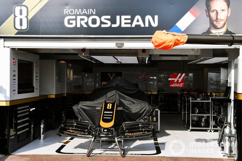 The car of Romain Grosjean, Haas F1 Team VF-19, in the garage