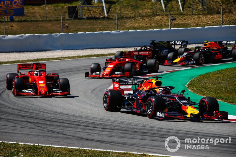 Max Verstappen, Red Bull Racing RB15, Sebastian Vettel, Ferrari SF90, Charles Leclerc, Ferrari SF90, Pierre Gasly, Red Bull Racing RB15, y Romain Grosjean, Haas F1 Team VF-19