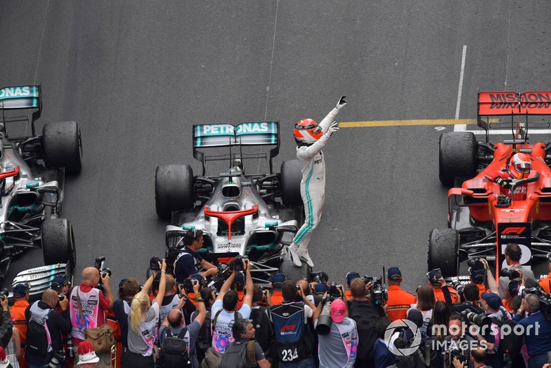 Lewis Hamilton, Mercedes AMG F1, 1st position, celebrates on arrival in Parc Ferme
