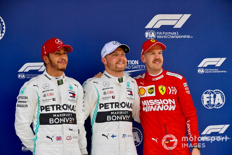 Top three qualifiers Lewis Hamilton, Mercedes AMG F1, pole man Valtteri Bottas, Mercedes AMG F1, and Sebastian Vettel, Ferrari