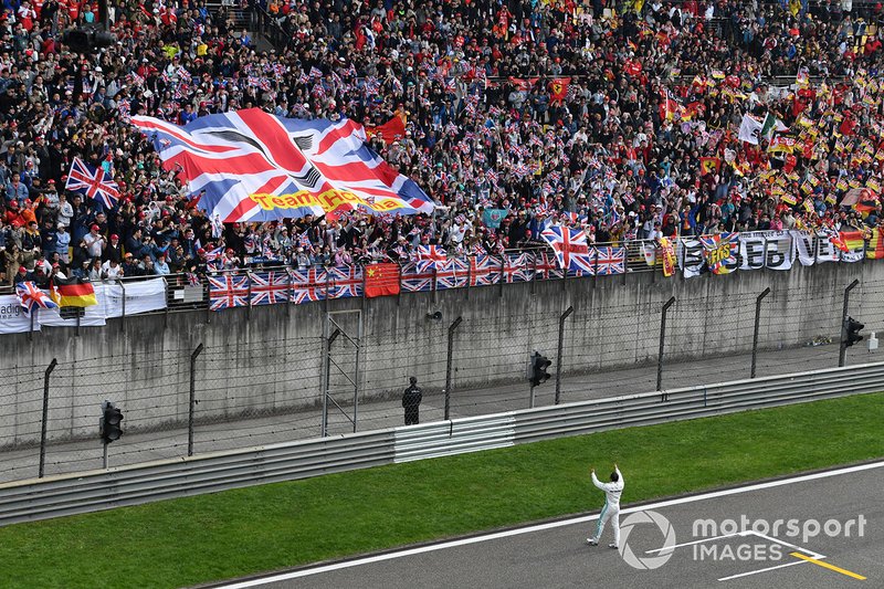 Lewis Hamilton, Mercedes AMG F1, 1st position, celebrates with the fans after the race
