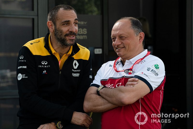 Cyril Abiteboul, Managing Director, Renault F1 Team, and Frederic Vasseur, Team Principal, Alfa Romeo Racing