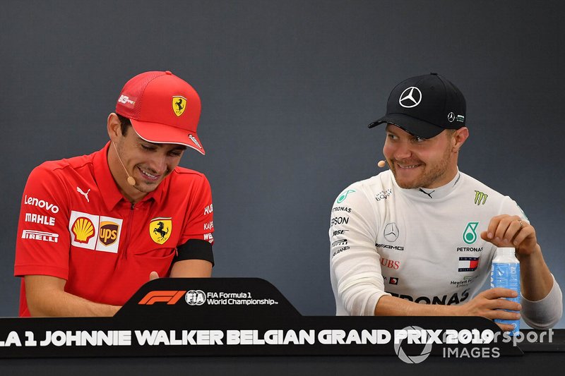 Charles Leclerc, Ferrari, 1st position, and Valtteri Bottas, Mercedes AMG F1, 3rd position, in the Press Conference