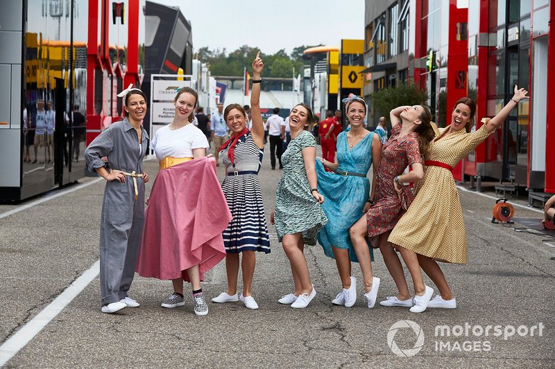 Mercedes AMG F1 team members dressed in 1950's clothing to celebrate Mercedes 125th year in Motorsport
