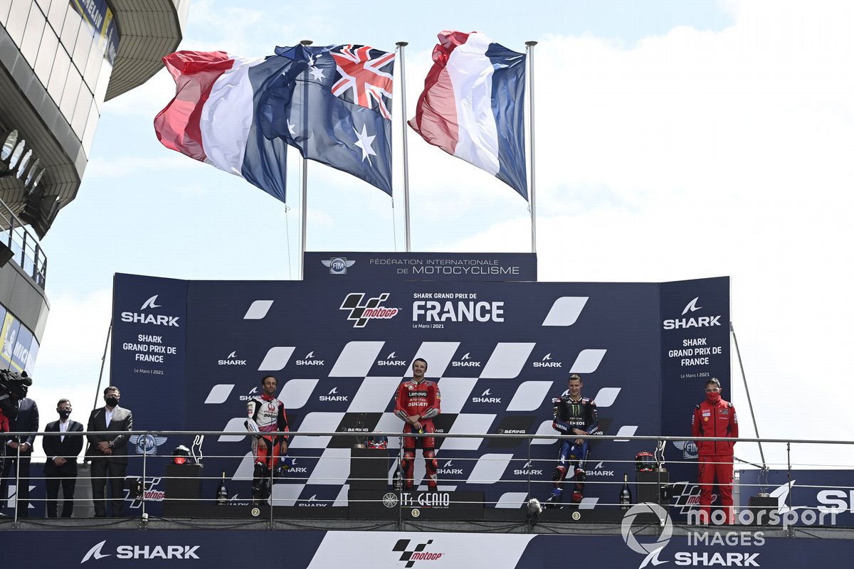 Podio: ganador de la carrera Jack Miller, Ducati, segundo lugar Johann Zarco, Pramac Racing, tercer lugar Fabio Quartararo, Yamaha Factory Racing