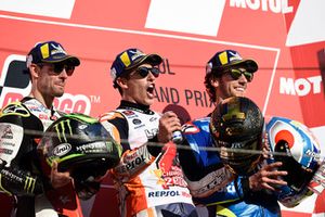Podium : le vainqueur Marc Marquez, Repsol Honda Team, le deuxième, Cal Crutchlow, Team LCR Honda, le troisième, Alex Rins, Team Suzuki MotoGP