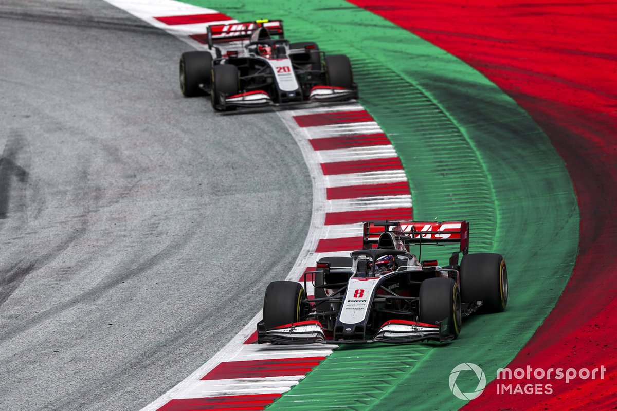 Romain Grosjean, Haas VF-20, leads Kevin Magnussen, Haas VF-20