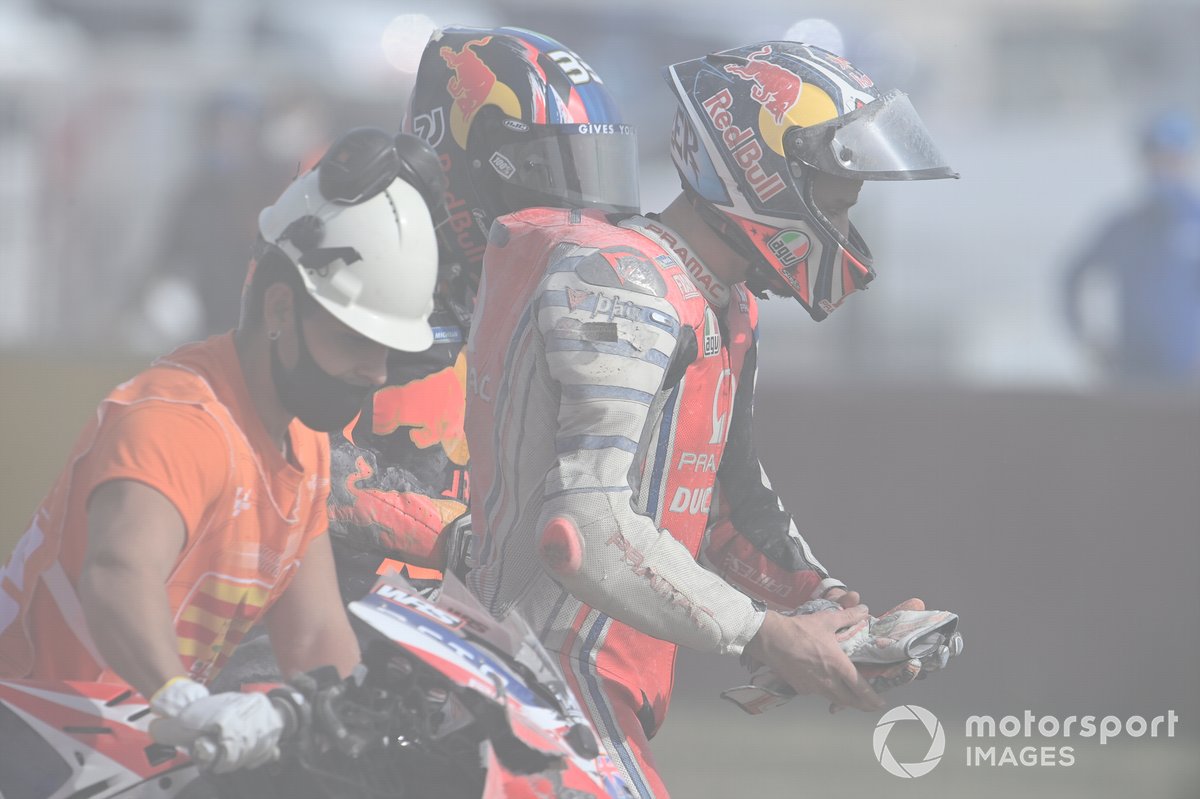 Caída de Jack Miller, Pramac Racing y Brad Binder, Red Bull KTM Factory Racing