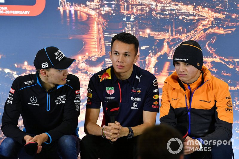 George Russell, Williams Racing, Alexander Albon, Red Bull Racing y Lando Norris, McLaren en la conferencia de prensa