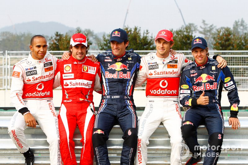 Lewis Hamilton, McLaren, Fernando Alonso, Ferrari, Mark Webber, Red Bull Racing, Jenson Button, McLaren e Sebastian Vettel, Red Bull Racing