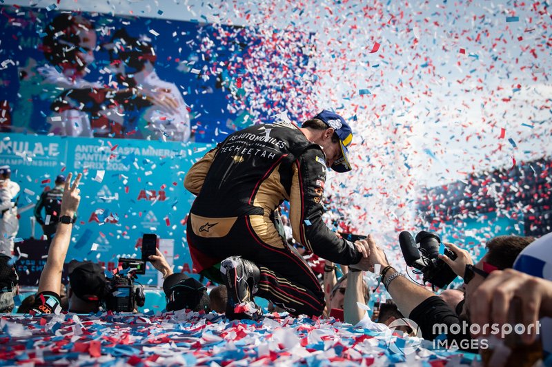Antonio Felix da Costa, DS Techeetah, 2nd position, celebrates with his team on the podium