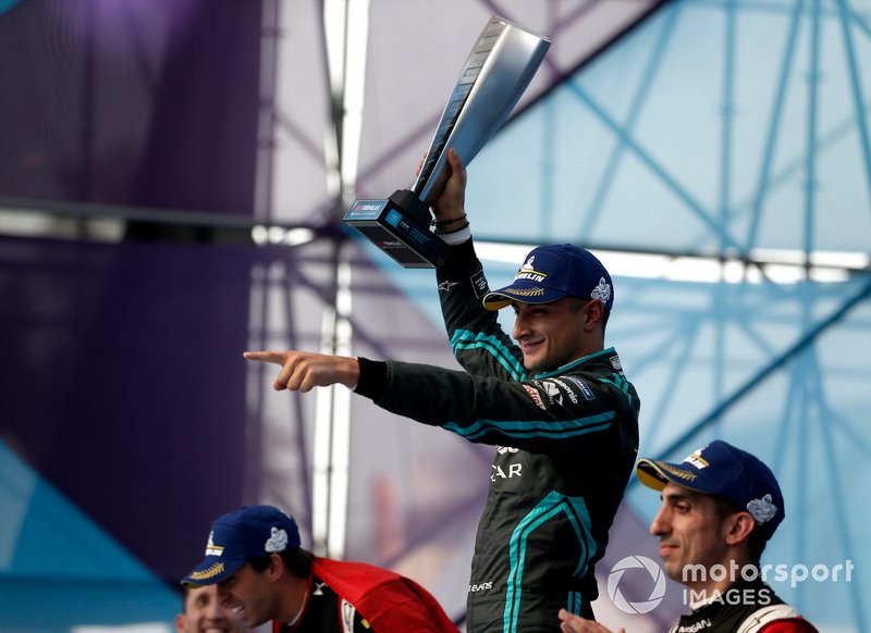 Race winner Mitch Evans, Jaguar Racing on the podium with Antonio Felix da Costa, DS Techeetah, 2nd position, Sébastien Buemi, Nissan e.Dams, 3rd position