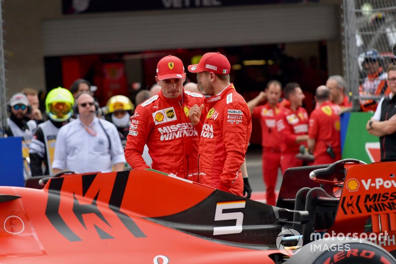 Charles Leclerc, Ferrari, and Sebastian Vettel, Ferrari, congratulate each other after Qualifying