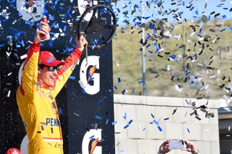 Joey Logano, Team Penske, Ford Mustang Shell Pennzoil, celebrates after winning the FanShield 500.
