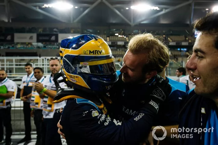 Sergio Sette Camara, Dams, celebrates feature race victory in parc ferme